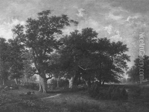 Schafer In Baumbestandener Landschaft Oil Painting - Wilhelm Brandenburg