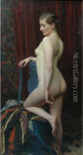 Female Nude With Blue Chair Oil Painting - George Spencer Watson