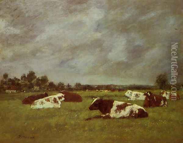 Cows in a Meadow, Morning Effect Oil Painting - Eugene Boudin