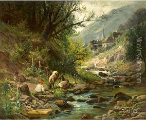An Einem Bachlauf In Idyllischer
 Landschaftsitzender Hirtenjunge Mit Seiner Kleinen Ziegenherde Oil Painting - Philipp Weber