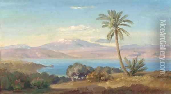 The Sicilian coast with Mount Etna in the distance Oil Painting - August Albert Zimmermann