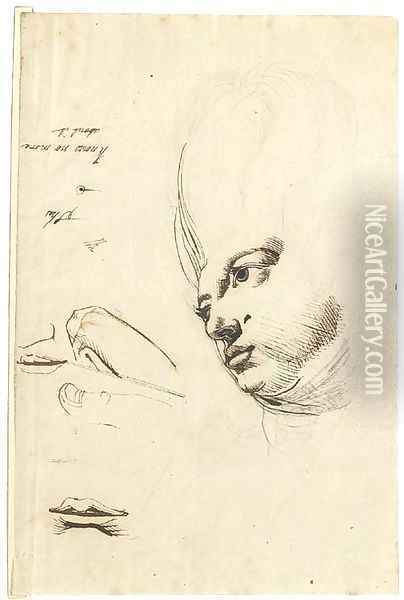 The head of Martha Hess, with studies of fingers and mouths Oil Painting - Johann Henry Fuseli