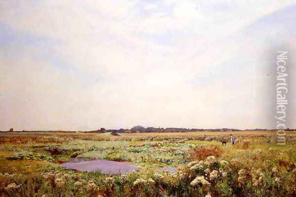 Spring Landscape with a Shepherd and His Dog Oil Painting - David Murray