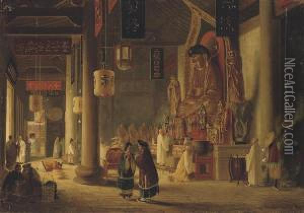 Interior Of The A-ma (ma Kok) Temple, Macao Oil Painting - William Prinsep