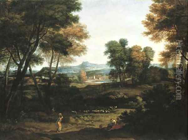 An Italianate landscape with washerwomen and a shepherd and a church spire beyond Oil Painting - Gaspard Dughet Poussin