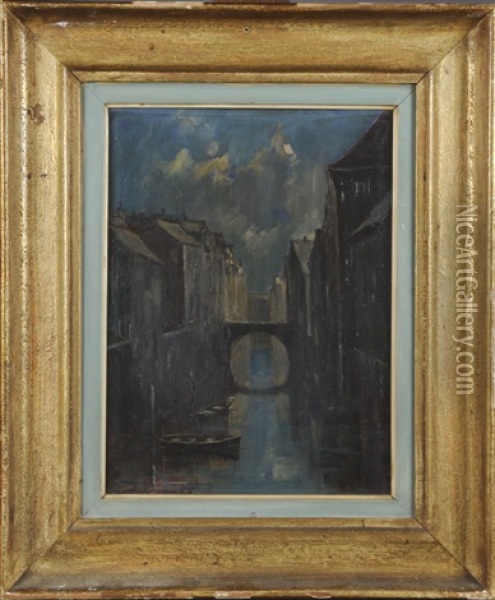 Canal Nocturne Oil Painting - Lucien Frank