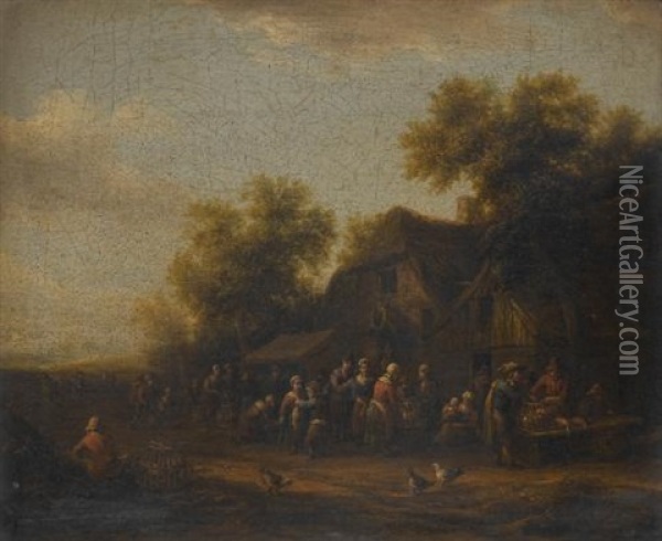 A Fish Market In A Village Square; A Poultry Market Before A Village Inn (pair) Oil Painting - Barend Gael
