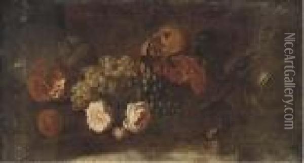 Grapes On The Vine, Pomegranates, Roses A Platter And An Urn In Aclearing Oil Painting - Abraham Brueghel