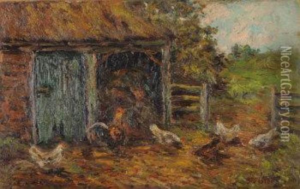Chickens In A Farmyard Oil Painting - John Falconar Slater