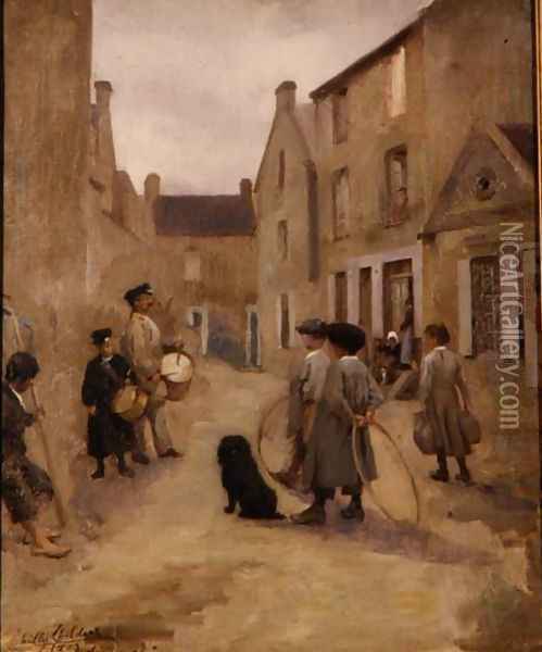 Children Playing with Hoops in a Street, Arromanches, 1903 Oil Painting - Milly Childers