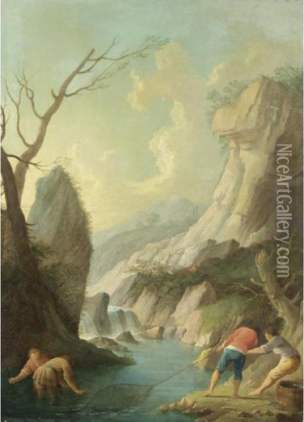 Paesaggio Fluviale Con Pescatori Oil Painting - Claude-joseph Vernet