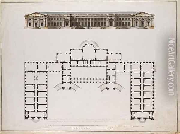 North elevation and ground plan of the Alexander Palace at Tsarkoe Selo, c.1780s Oil Painting - Giacomo Quarenghi