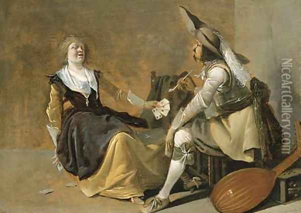 A soldier and a laughing girl in an interior Oil Painting - Pieter Jansz. Quast