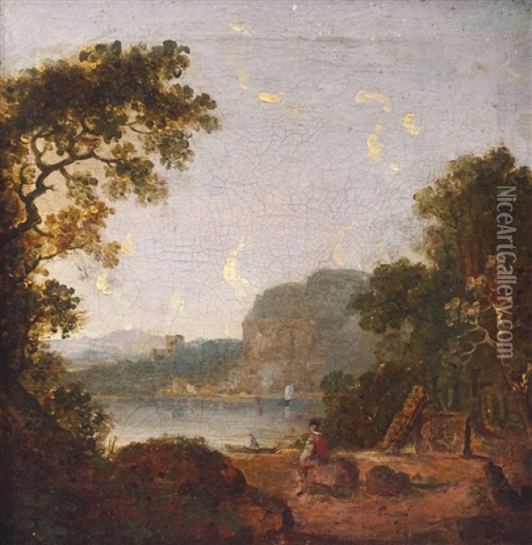 A Lake Scene With Figures Seated In The Foreground. A Castle In The Distance Oil Painting - George Barret