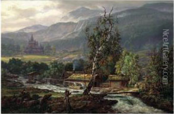 Kaupanger Med Vang Kirke (landscape In Kaupanger With A Stave Church) Oil Painting - Johan Christian Clausen Dahl