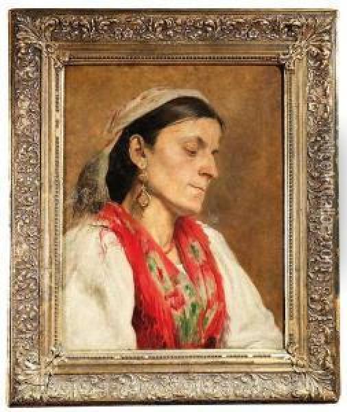 Portraitof A Lady Wearing A Traditional Costume. Oil Painting - Johann Larwin