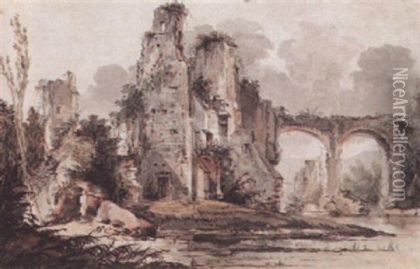 A View Of Ruins By A River Oil Painting - Louis Gabriel Moreau the Elder