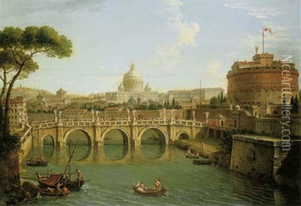 Rome, A View Of The Tiber Looking Downstream With The Castel And Ponte Sant' Angelo, Saint Peter's Basilica And The Vatican, Santo Spirito In Sassia And The Janiculum Beyond Oil Painting - Antonio Joli