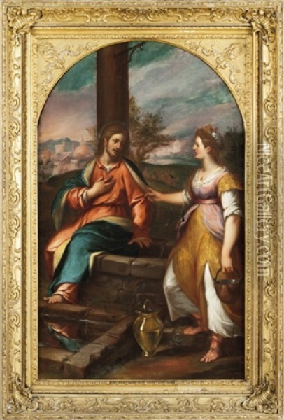 Gesu E La Samaritana Al Pozzo Con La Citta Oil Painting - Giovanni Battista Paggi