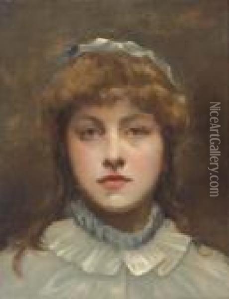 Portrait Of A Girl, Head-and-shoulders, In A White Dress Oil Painting - Frederick Hall