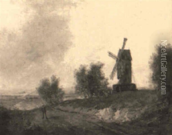 Figure Along Path With Windmill Oil Painting - Patrick Nasmyth