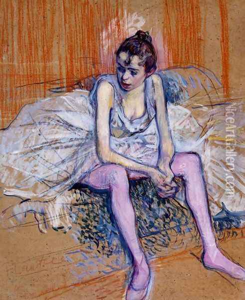 Seated Dancer In Pink Tights Oil Painting - Henri De Toulouse-Lautrec