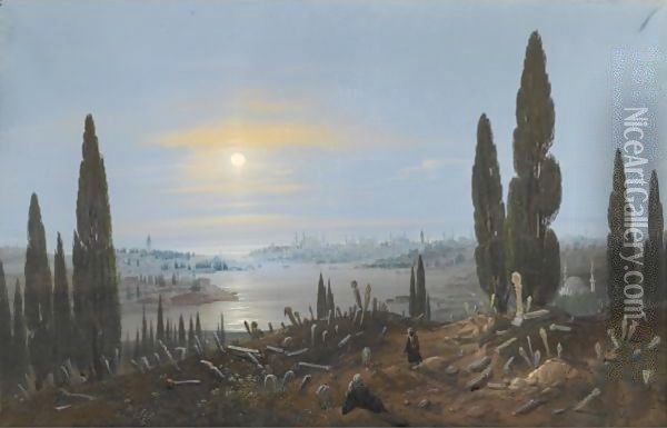 View Of Constantinople By Moonlight From Eyup Oil Painting - Carlo Bossoli