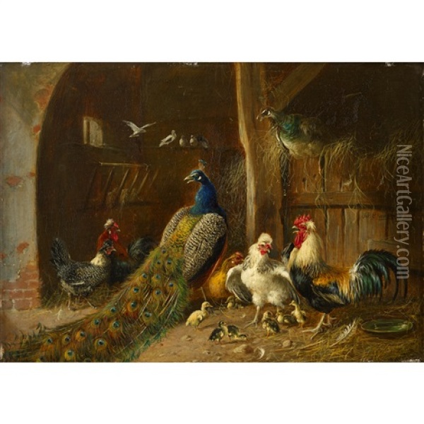 Barnyard Scene With Chickens And Peacocks (+ Rooster And Chicks; 2 Works) Oil Painting - Julius Scheuerer