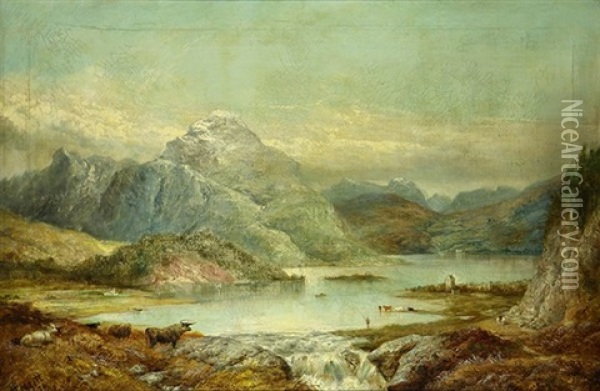Scottish Countryside With Cows Grazing Near A Lake Oil Painting - Alexander Leggatt