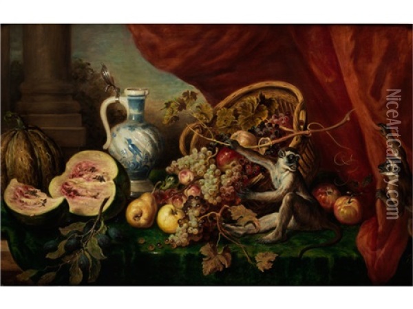 Grosses Prunkstillleben Mit Fruchten, Affen Und Henkelkrug Oil Painting - Ludwig Adam Kunz