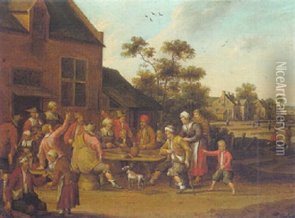A Village Scene With Peasants At A Table Eating, Drinking And Making Merry Oil Painting - Cornelis Droochsloot