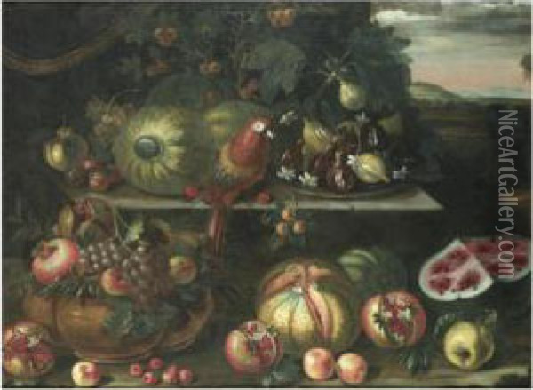 A Still Life With Watermelons, 
Figs, A Parrot And Grapes On A Stone Ledge, Together With Pomegrantes, 
Pumpkins And Apples, A Landscape Beyond Oil Painting - Bartolommeo Bimbi