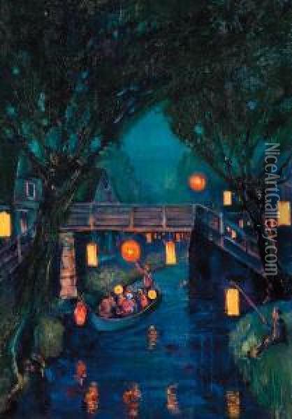 Sint Maarten-night In Giethoorn With Lanterns Hanging Fromtrees Oil Painting - Herman Heijenbrock