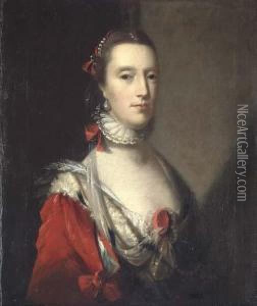 Portrait Of A Lady, Bust-length,
 In An Elaborate Red Dress With Ermine Trim, With A White Lace Ruff, And
 Pearls In Her Hair Oil Painting - John Astley