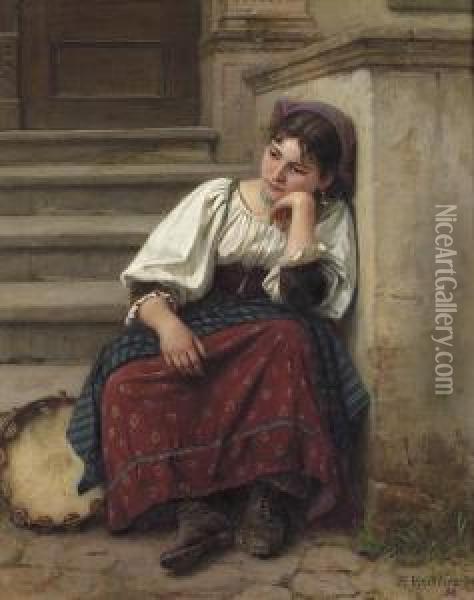 Sitzende Junge Italienerin Vor Einem Hauseingang. Oil Painting - Benjamin I Vautier