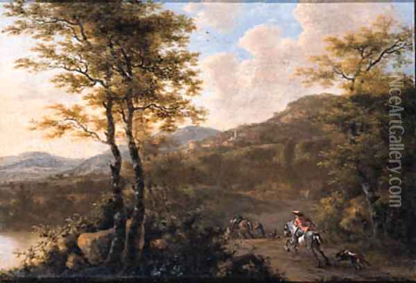 A sportsman and a muleteer on a road, in an Italianate landscape Oil Painting - Willem de Heusch