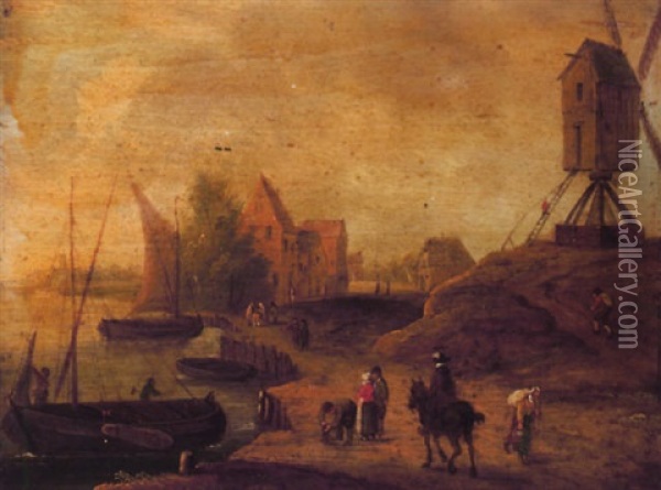 A Flemish Harbour Scene With Fisherfolk And A Windmill Oil Painting - Jan Brueghel the Elder