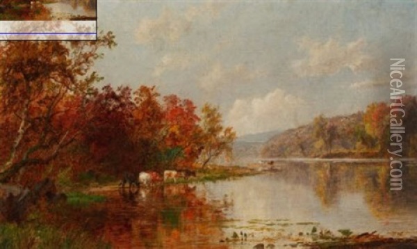 Autumn River Scene With Cattle Oil Painting - Jasper Francis Cropsey