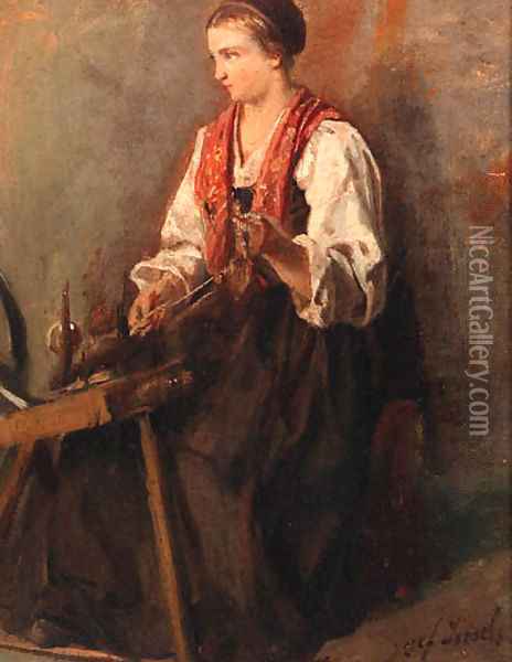 A peasant girl at a spinning wheel - a study Oil Painting - Jozef Israels