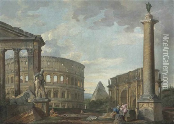 A Roman Capriccio With The Colosseum, Trajan's Column, The Farnese Hercules, The Pyramid Of Cestius And Other Classical Buildings, With Figures Resting In The Foreground Oil Painting - Giovanni Paolo Panini