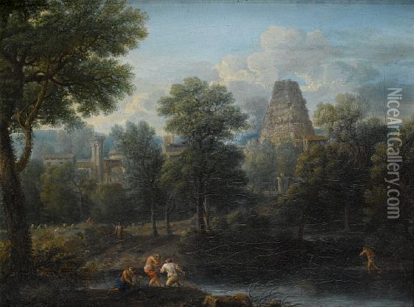 An Italianate River Landscape With Fishermenhauling In Their Nets Oil Painting - John Wootton