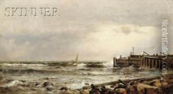 Pier Near The Beach, At Narragansett, Rhodeisland Oil Painting - Arthur Quartley