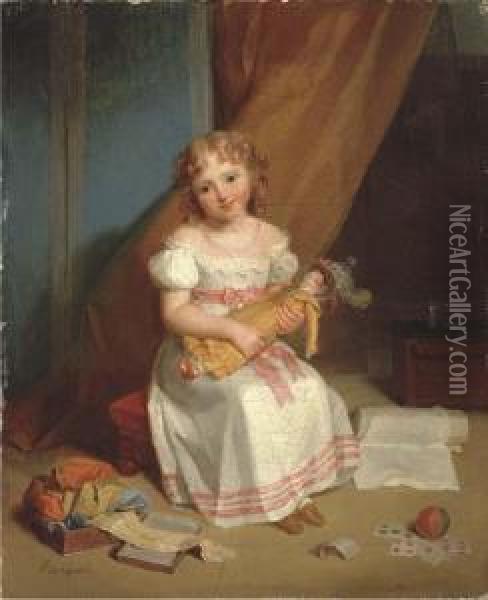 Portrait Of A Young Girl, 
Full-length, In A Nursery Holding A Doll With Cards, A Ball, And Ribbons Oil Painting - Jean Augustin Franquelin
