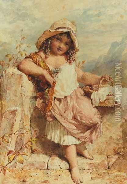 A young girl holding a basket beside a stile Oil Painting - William Stephen Coleman