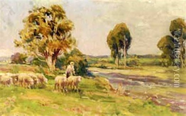 Shepherdess And Flock In A River Landscape Oil Painting - Auguste Prevot-Valeri