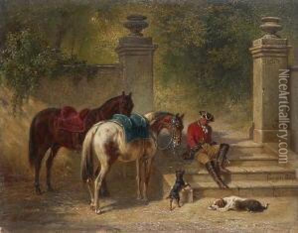 Rokokokavalier Mit Zwei Pferden
 Und Hunden Am Treppenaufgang Zum Schlosspark. Oil Painting - Eugen Adam
