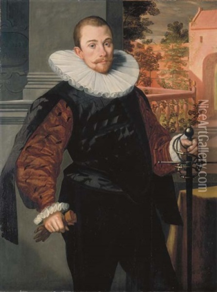 Portrait Of Cornelis Jorisz. Roodhoorn In A Black Slashed Doublet With Brown Sleeves And A Ruff, A Sword In One Hand And Gloves In The Other, Standing On A Terrace Overlooking A Walled Garden Oil Painting - Pieter Pietersz
