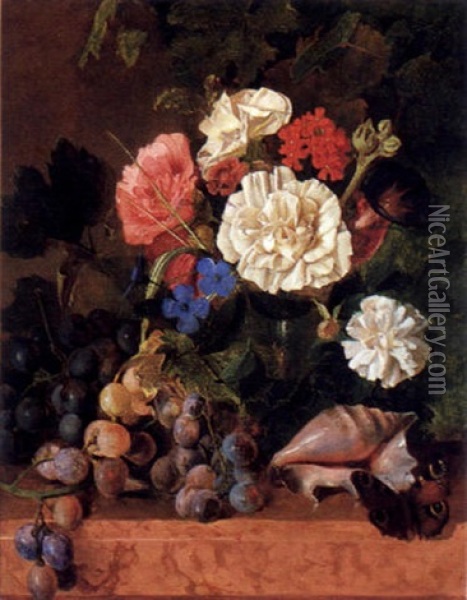 Stilleben Mit Blumen, Weintrauben Und Einer Muschel Oil Painting - Maria Magrita van Os