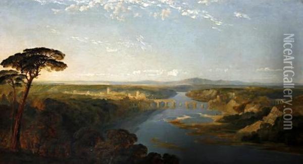 A Capriccio River Landscape In The Roman Campagna Oil Painting - Edmund John Niemann, Snr.