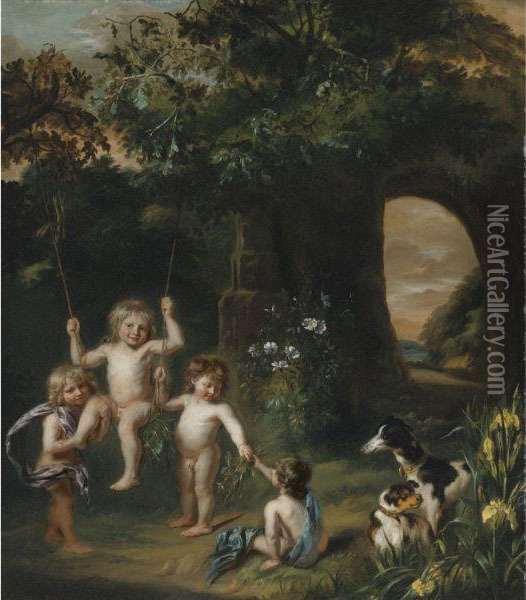 Children Playing With A Swing In A Classical Garden Setting Oil Painting - Nicolaes Maes